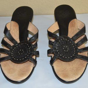 SOFFT WOMEN'S SLIDES SANDALS BLACK LEATHER CUTOUT WEDGE HEEL SLIP ON, 9M